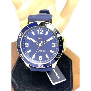 Tommy Hilfiger Men's Watch 1791868 Quartz Gold Blue Dial Rubber Strap 44mm